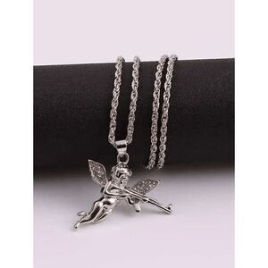 Diamond Angel Cherub Cupid AK47 Gun White Gold Plated Pendant Necklace